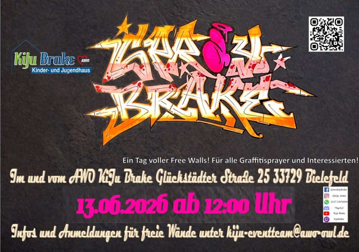 Flyer/Plakat mit Graffiti‑Schriftzug „Spray Brake“ auf dunklem Hintergrund und Kontaktdaten.