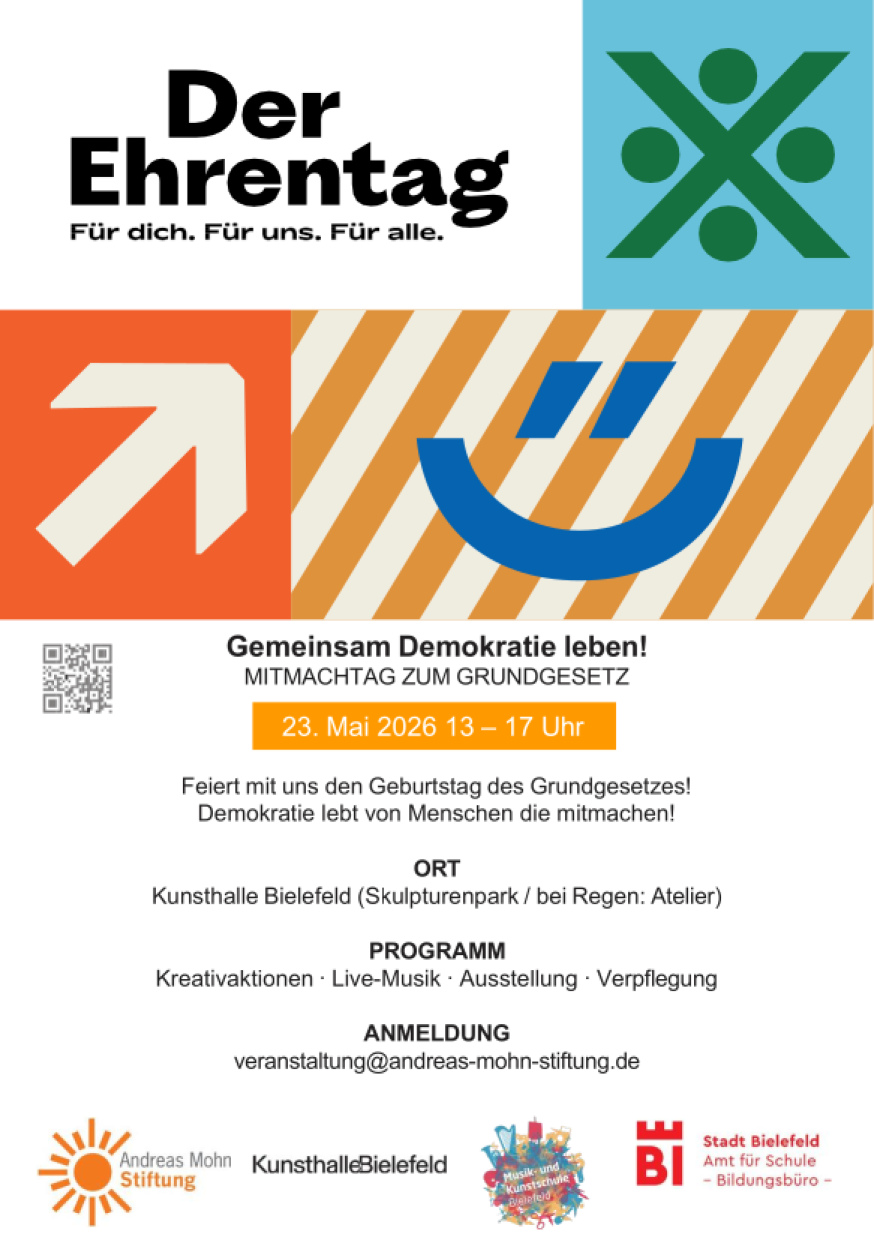 Farbenfrohes Plakat, das zum Mitmachtag am 23. Mai, 13-17 Uhr im Park-Kunsthalle Bielefeld-einlädt!