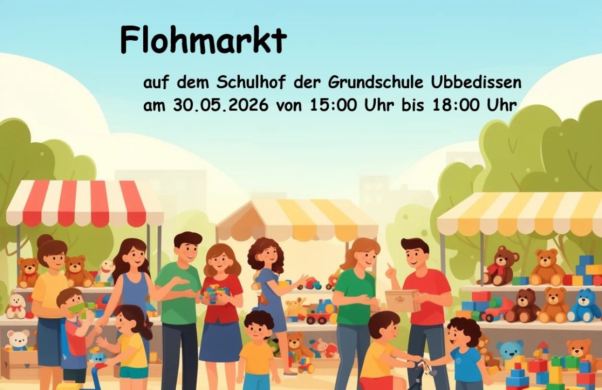Dargestellt wird ein Flohmarkt, auf dem Erwachsene und Kinder sich über tolle Angebote freuen.