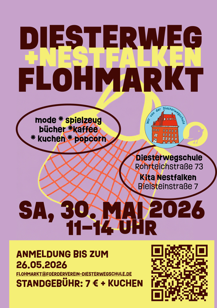 Plakat zum Diesterweg & Nestfalken Flohmarkt am 30. Mai 2026 an der Diesterwegschule in Bielefeld
