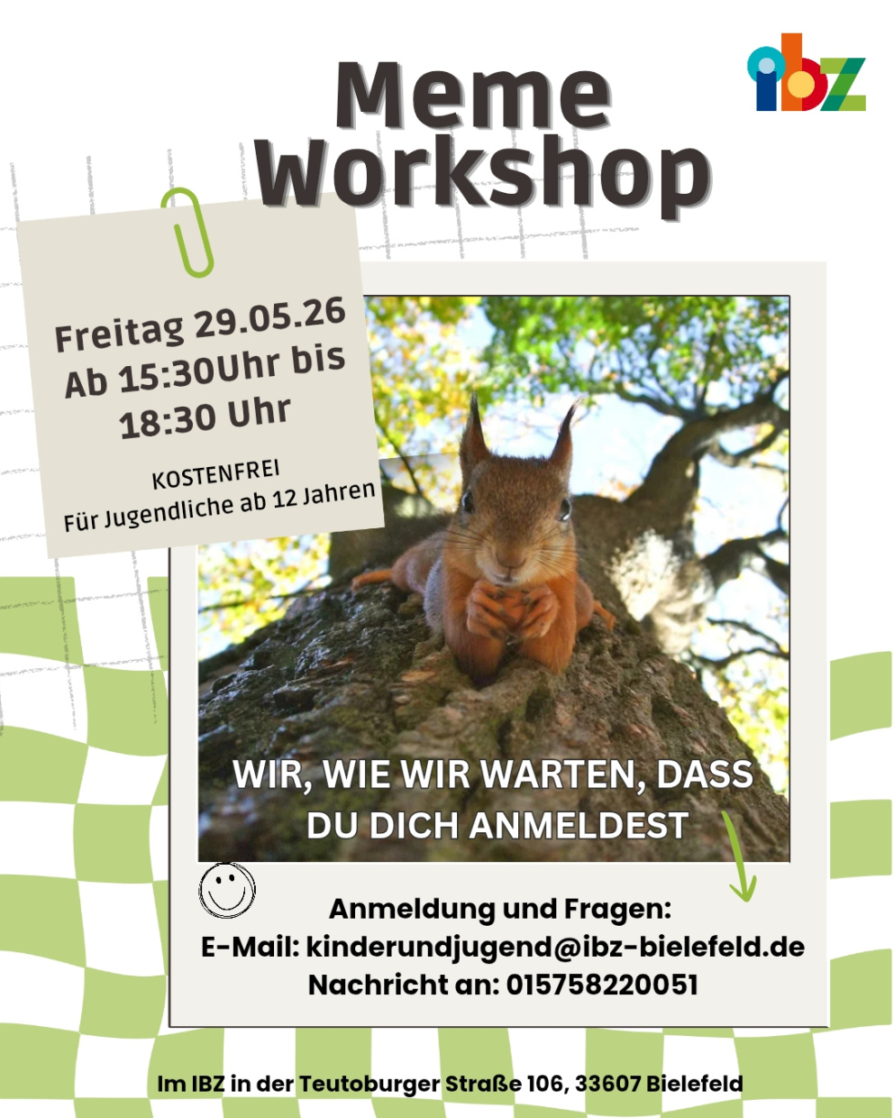 Meme Workshop am Freitag, 29.05.26 im IBZ Bielefeld. Kostenfrei für Jugendliche ab 12 Jahren.