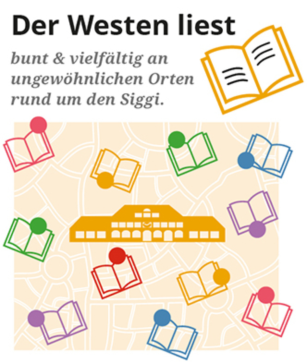 Gebäude (Bürgerwache) auf stilisiertem Stadtplan, umgeben von aufgeschlagenen Büchern