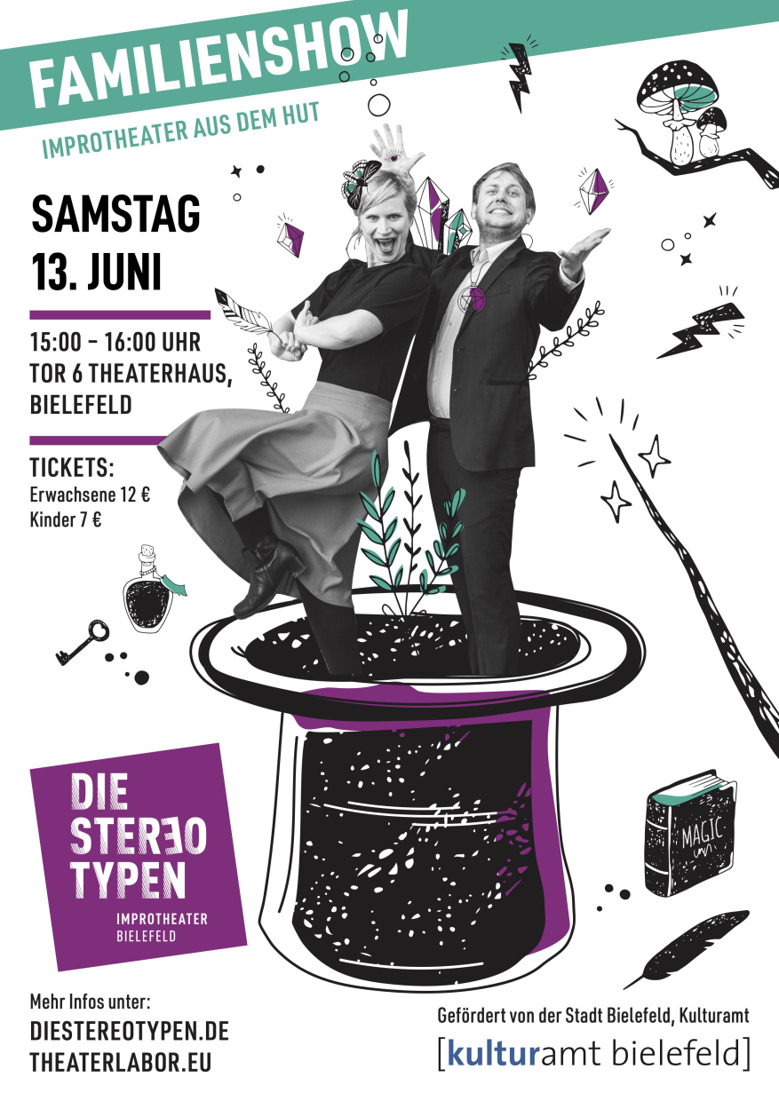 Ein Plakat auf dem zwei Schauspieler aus einem Hut springen.