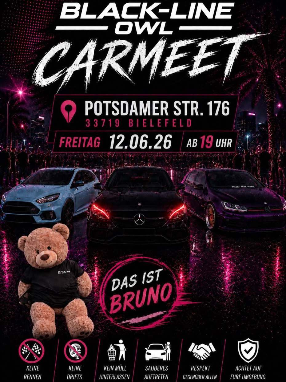 Werbeplakat für das „Black-Line OWL Carmeet“ am 12. Juni 2026 in Bielefeld. Zu sehen sind drei getun
