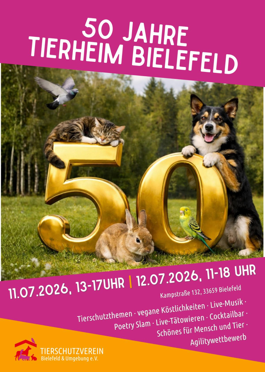 50 Jahre Tierheim Bielefeld; Tiere; Jubiläumsfest; 11.–12.07.2026; Programm & Aktionen.