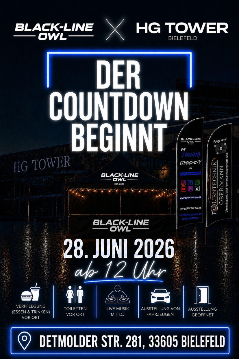 Veranstaltungsplakat für das Car Meeting 2026 von BLACK-LINE OWL und dem HG Tower Bielefeld. Das Mot