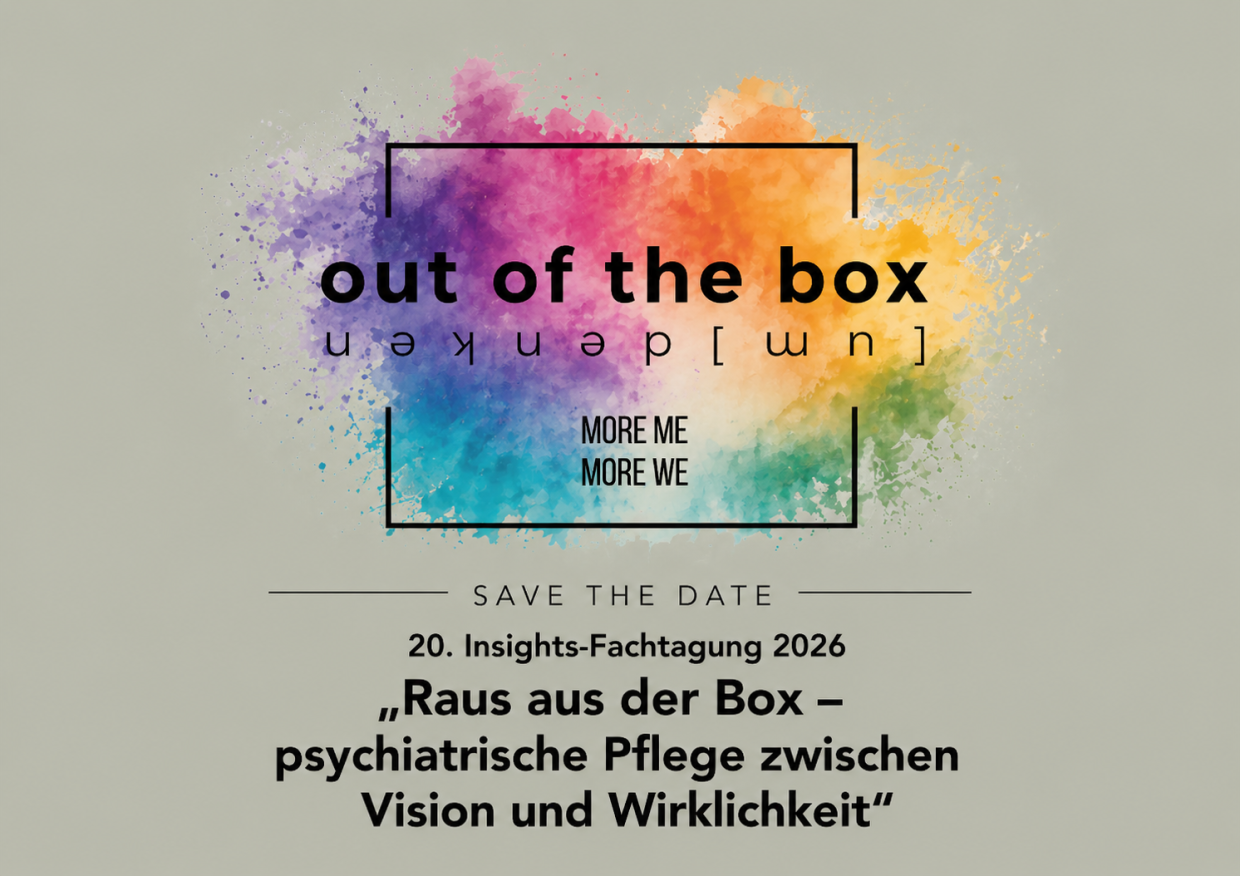 In der Mitte ein farbiger Regenbogen-Farbspritzer mit dem Schriftzug „out of the box“.