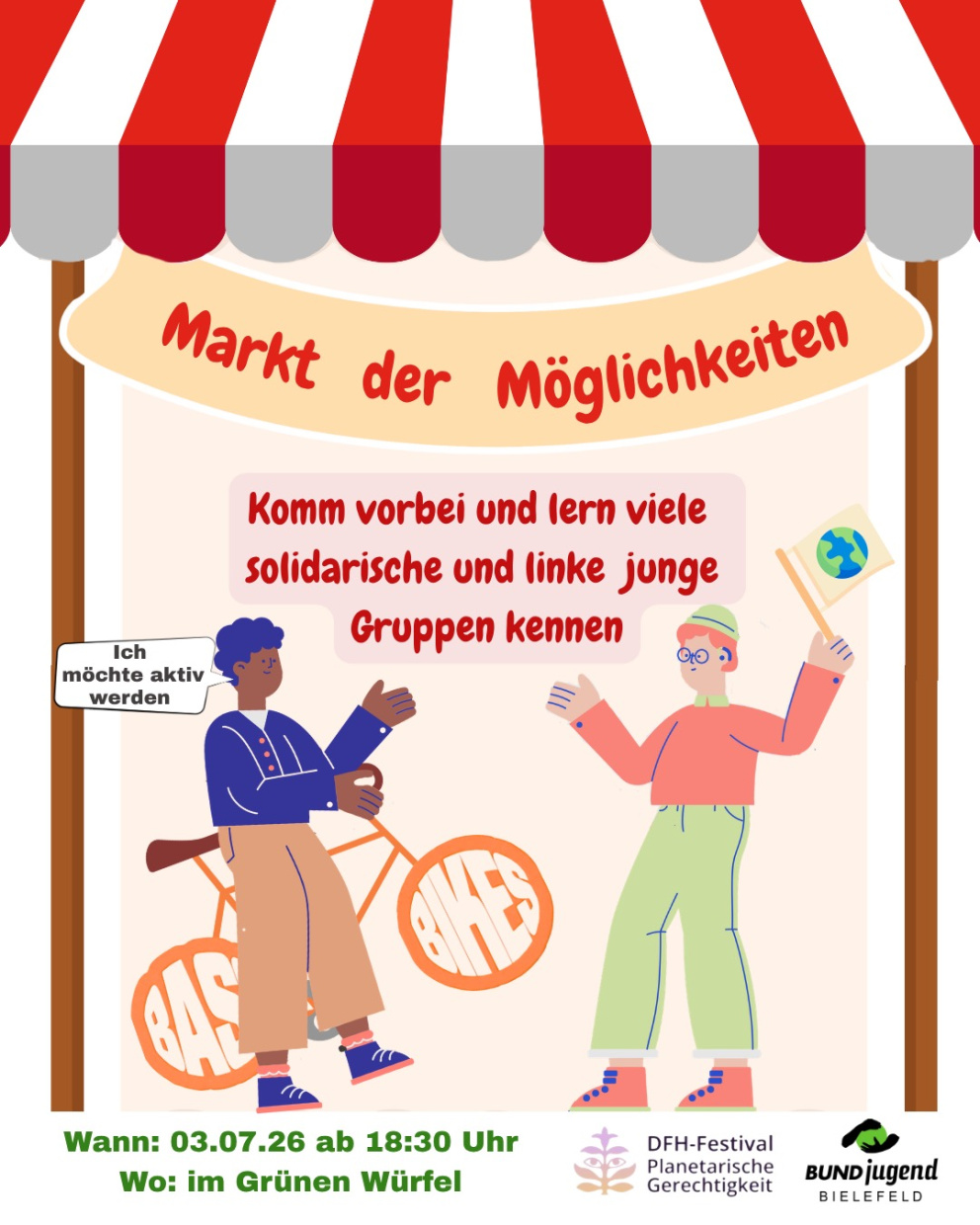 Zwei Personen stehen sich gegenüber. Eine Person sagt zur anderen: "Ich möchte aktiv werden"