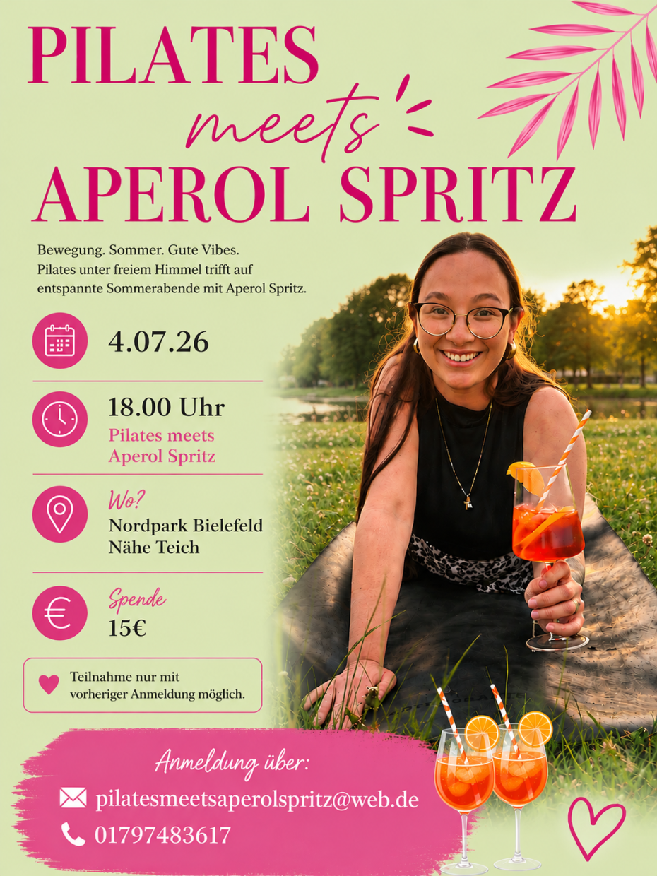 Pilates meets Aperol Spritz am 4.07.26 im Nordpark nähe Teich,18-19.00 uhr. 