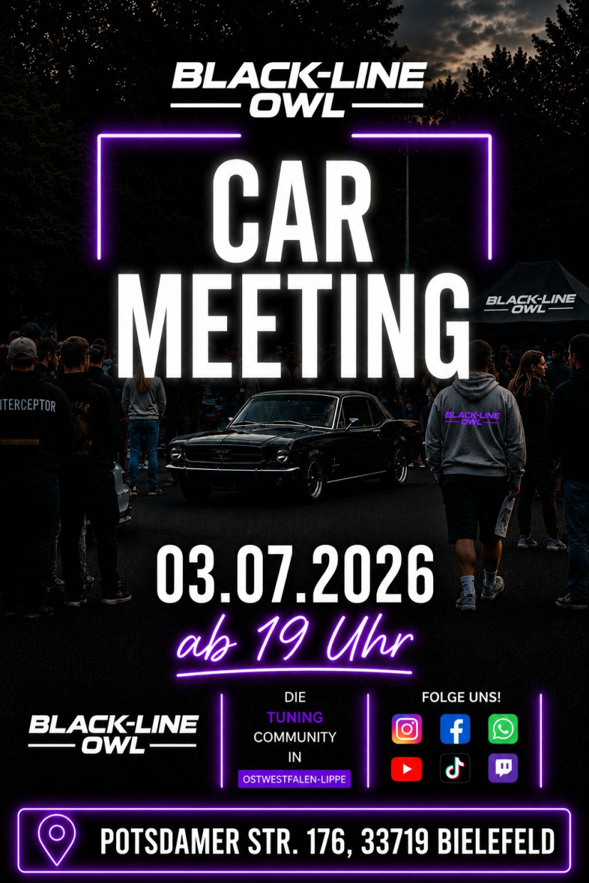 Werbeplakat für das „BLACK-LINE OWL Car Meeting“ am 03.07.2026 ab 19 Uhr in der Potsdamer Straße 176
