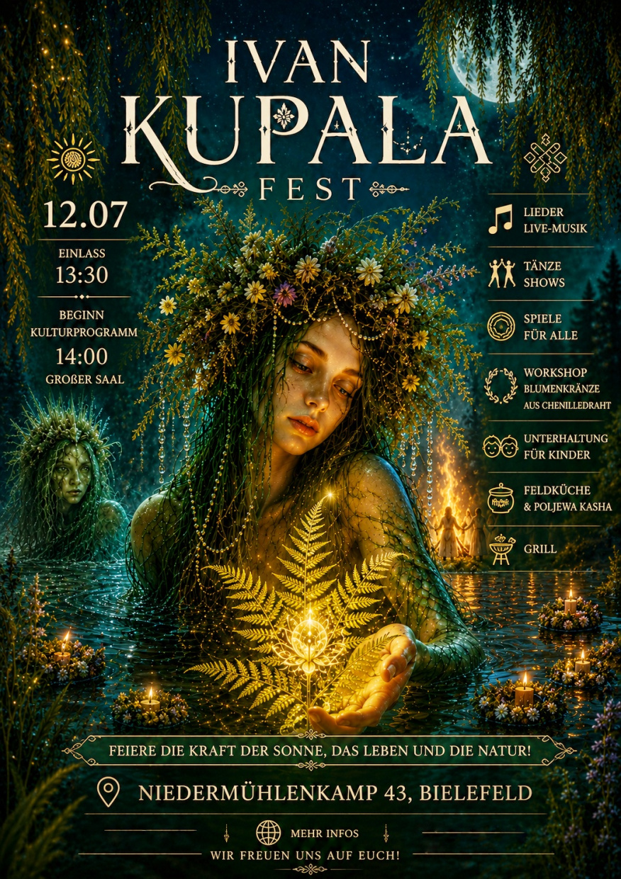 Das Bild verbindet ukrainische Folklore, Natur und Traditionen mit Musik, Tanz und Gemeinschaft.