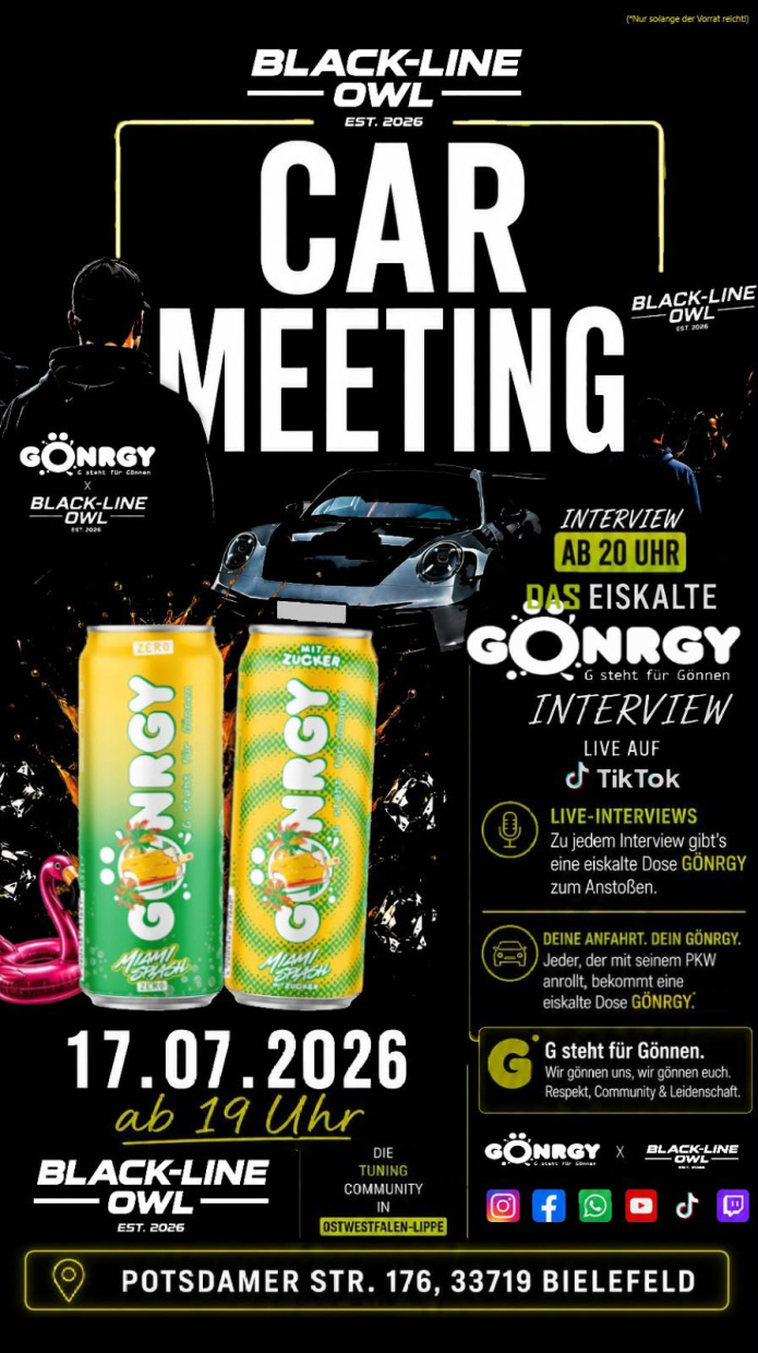 Werbeplakat für das „Black-Line OWL Car Meeting“ am 17.07.2026 in Bielefeld. Das Plakat zeigt einen 