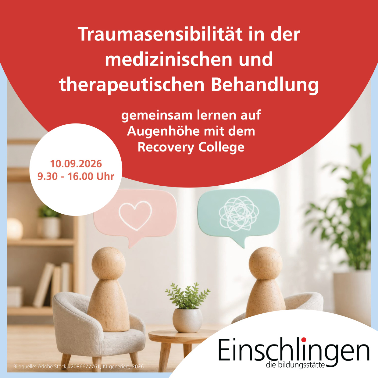 2 Holzfiguren sitzen einander gegenüber, eine mit Sprechblase mit verworrenen Linien, eine mit Herz