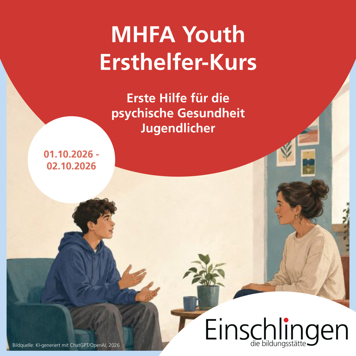 Ein Jugendlicher und eine Frau sitzen einander gegenüber. Er teilt sich ihr mit, sie hört achtsam zu