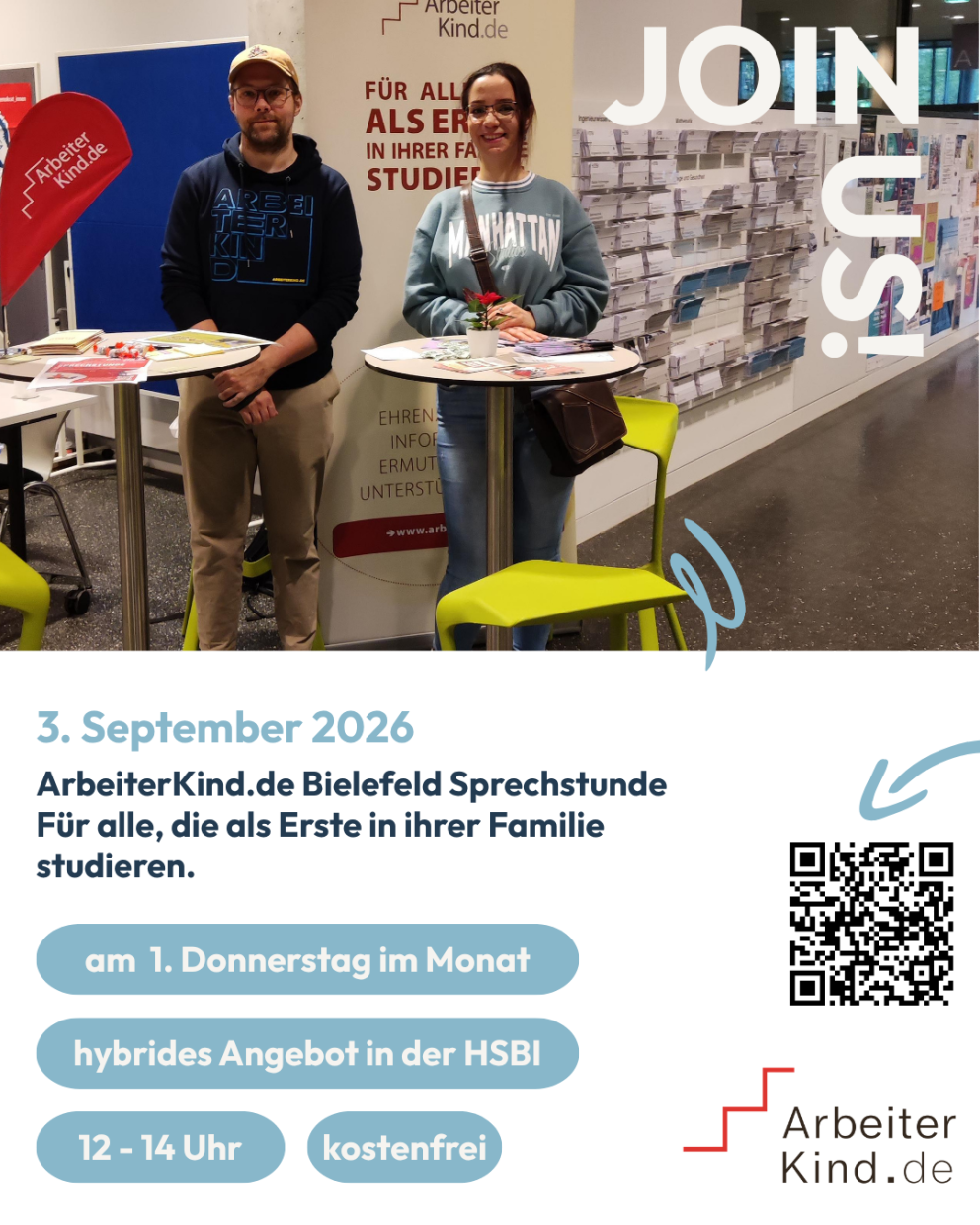 kostenfreie Sprechstunde am 3.9.2026 von 12-14h für alle, die als Erste in ihrer Familie studieren.