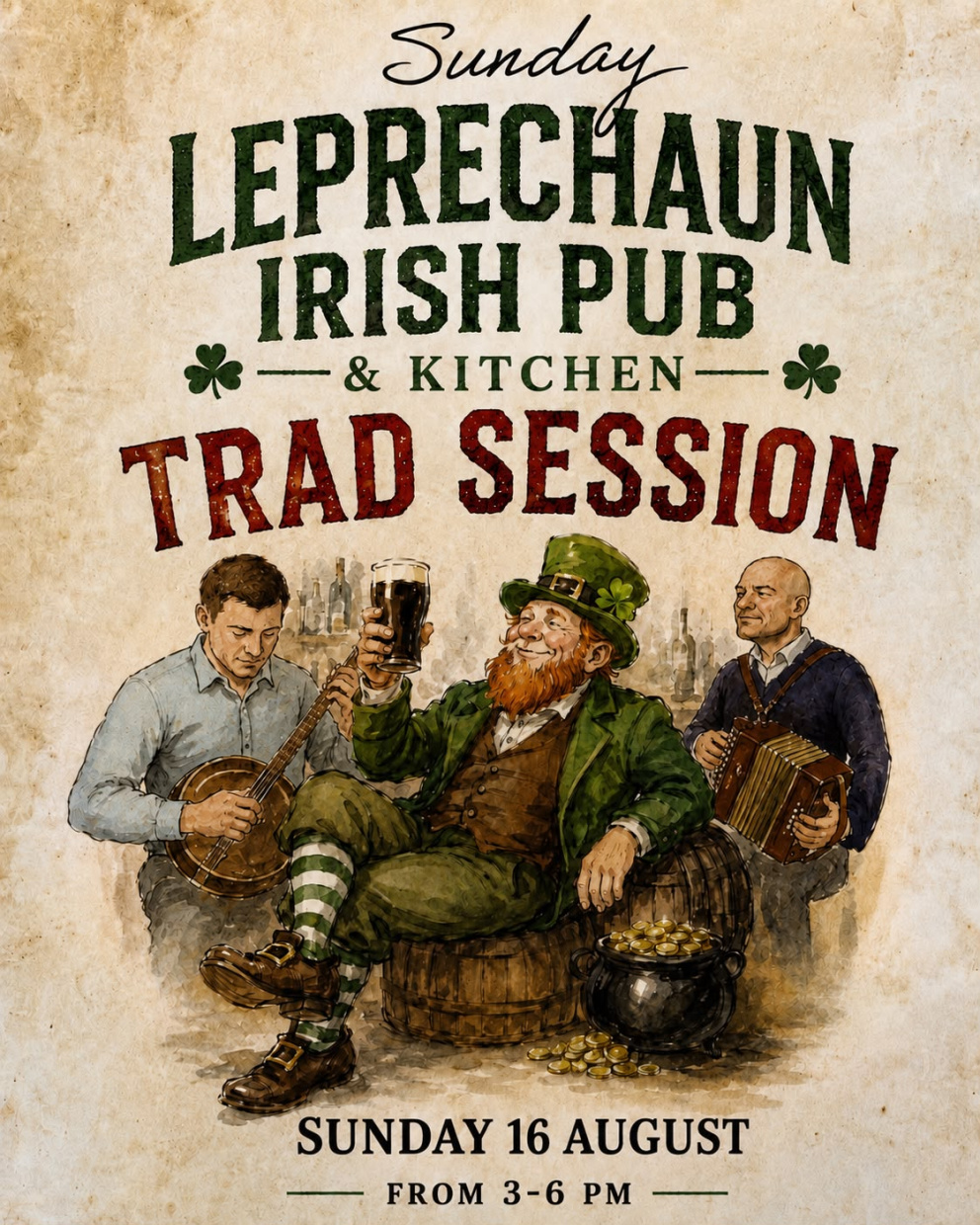 Ein Leprechaun bei einer irischen Session mit einem irischen Bier in der Hand und einem Topf Gold