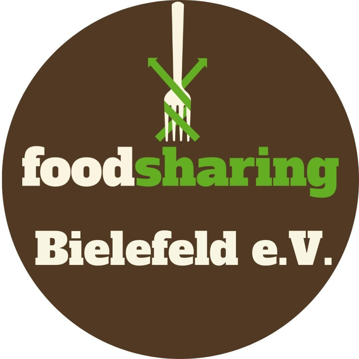 Brauner Kreis, oben ist die foodsharing Gabel, da drunter steht foodsharing Bielefeld eV