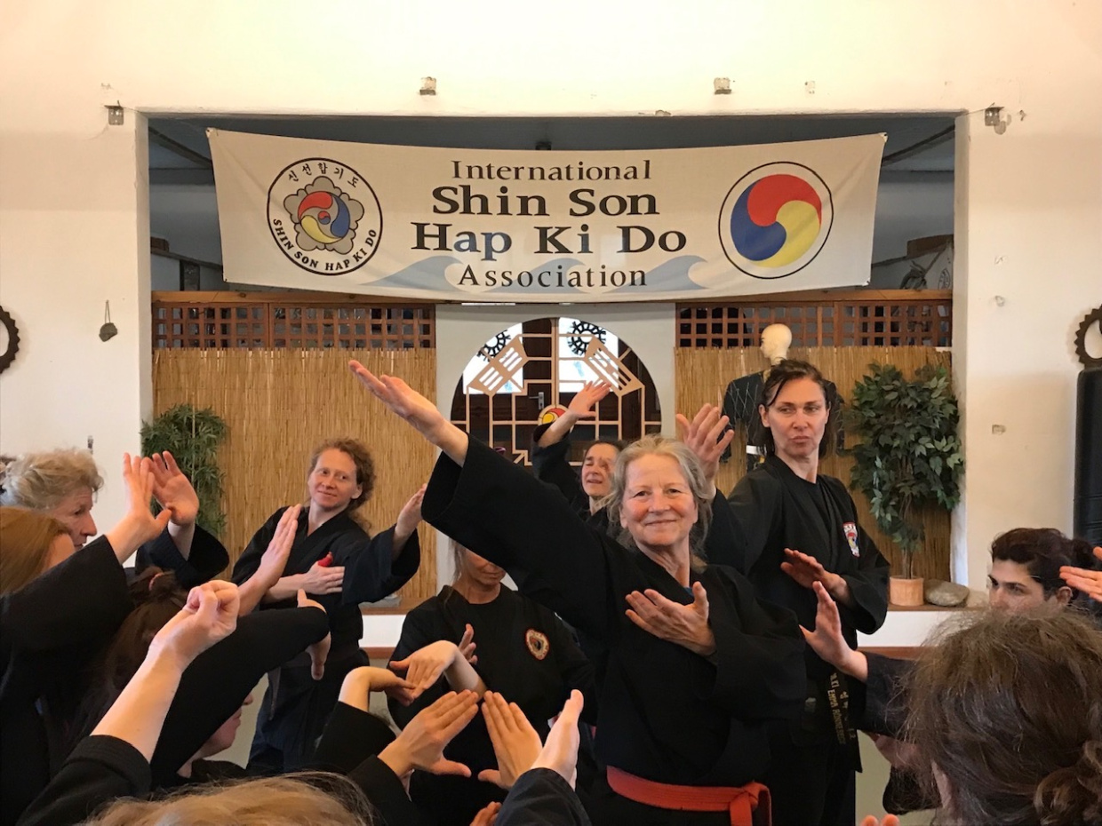 Das Bild zeigt fröhliche Frauen in Bewegung, im Hindergrund das Shinson Hapkido Banner mit Logo.