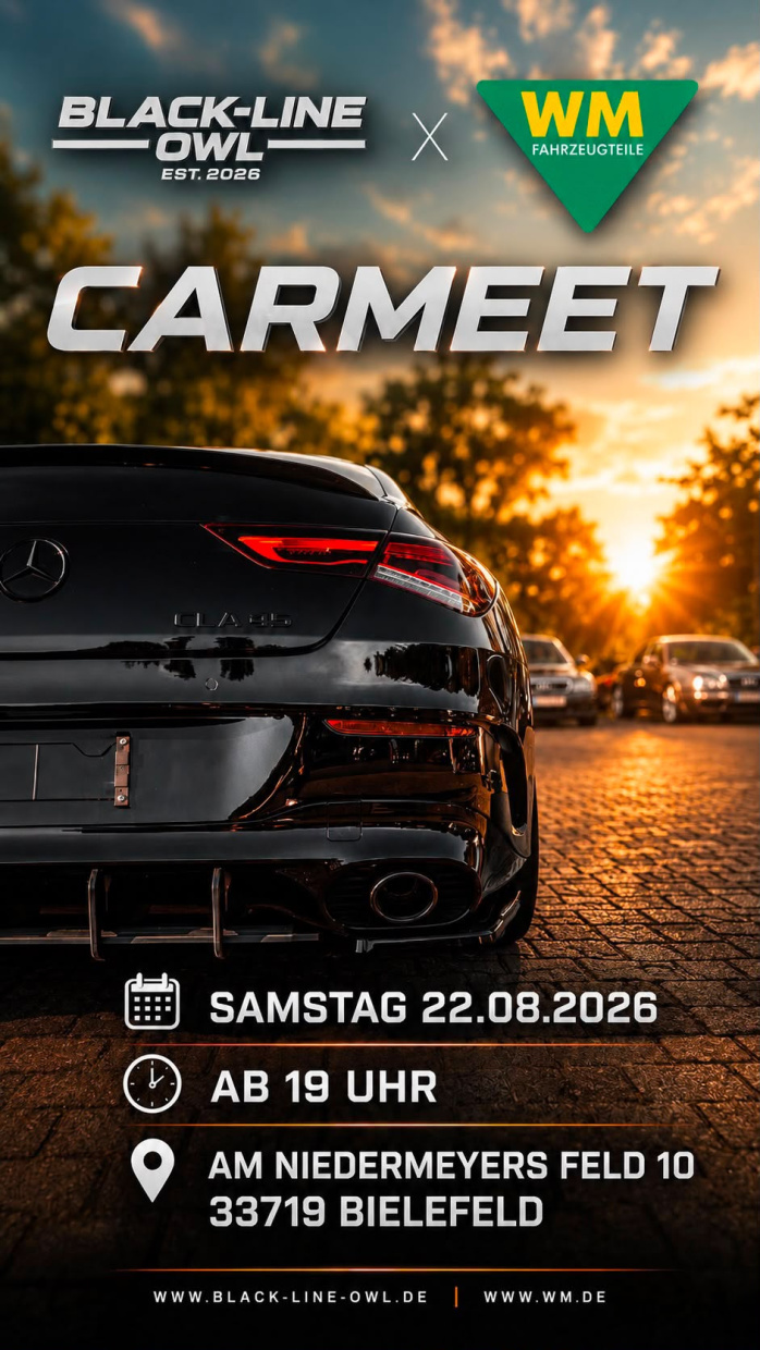 Werbeplakat für das BLACK-LINE OWL Carmeet bei WM Fahrzeugteile. Zu sehen ist ein schwarzer Mercedes