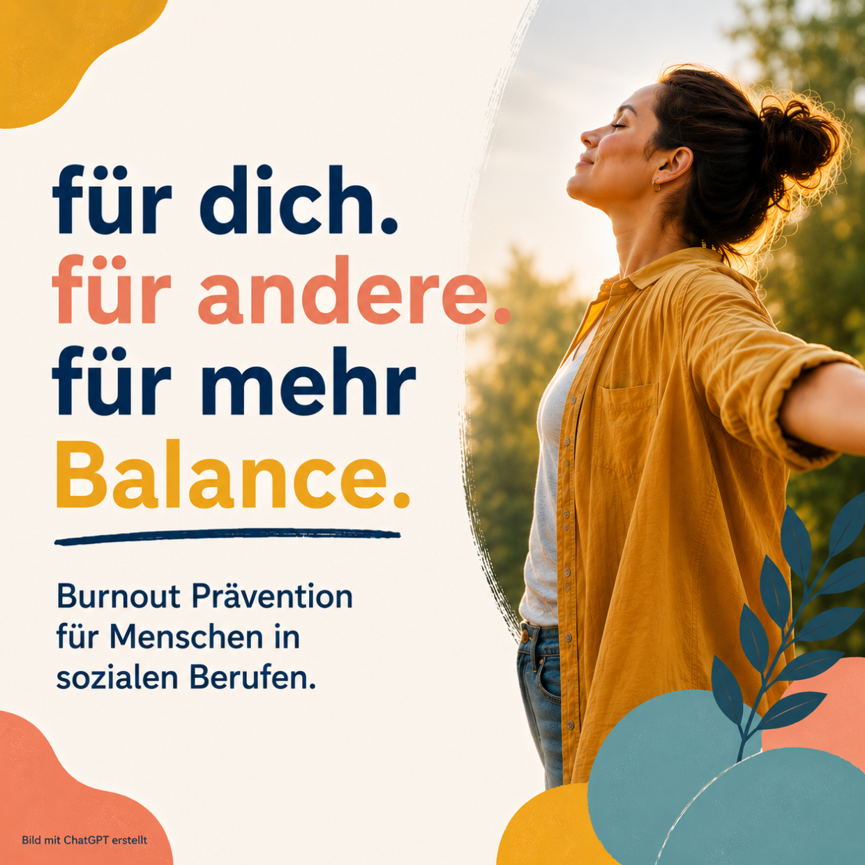 für dich,. für andere. für mehr balance. Eine Frau atmet auf.