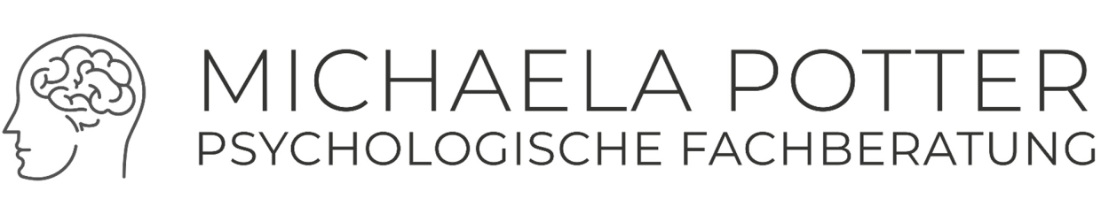 Zeichnung von Kopf mit den schwarzen Schriftzug ,Michaela Potter. Psychologische Fachberatung'