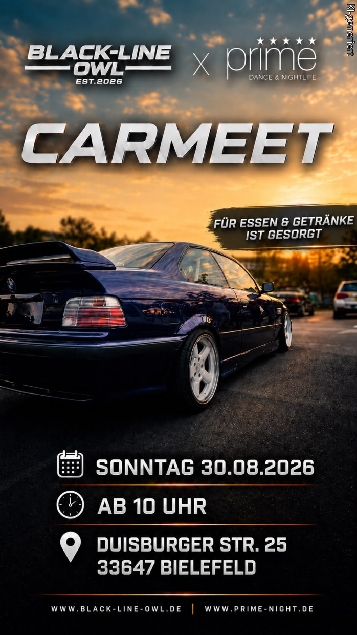 Werbeflyer für ein Carmeet von Black-Line OWL und Prime in Bielefeld am 30. August 2026 ab 10 Uhr.