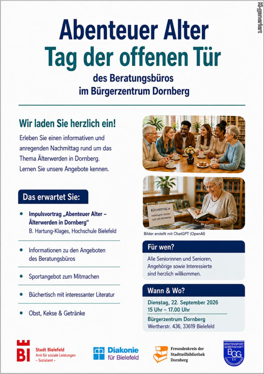 Einladung zum Tag der öffnenen Tür des Beratungsbüro im Bürgerzentrum Dornberg am 22.09.2026.