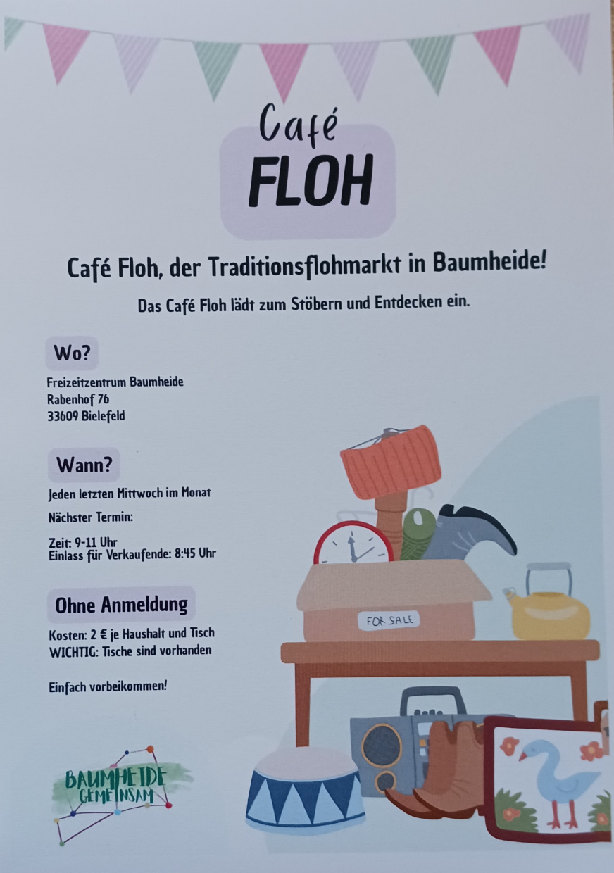 Der Traditionsflohmarkt in Baumheide im Freizeitzentrum, jeden letzten Mi. im Monat von 9-11 Uhr 