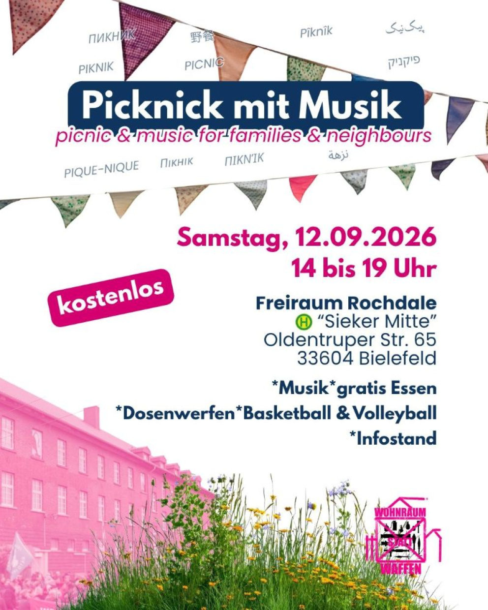 Das Bild zeigt das Kasernengebäude, mit Rasen und Fähnchen, es bewirbt ein Picknick mit Musik 12.9.