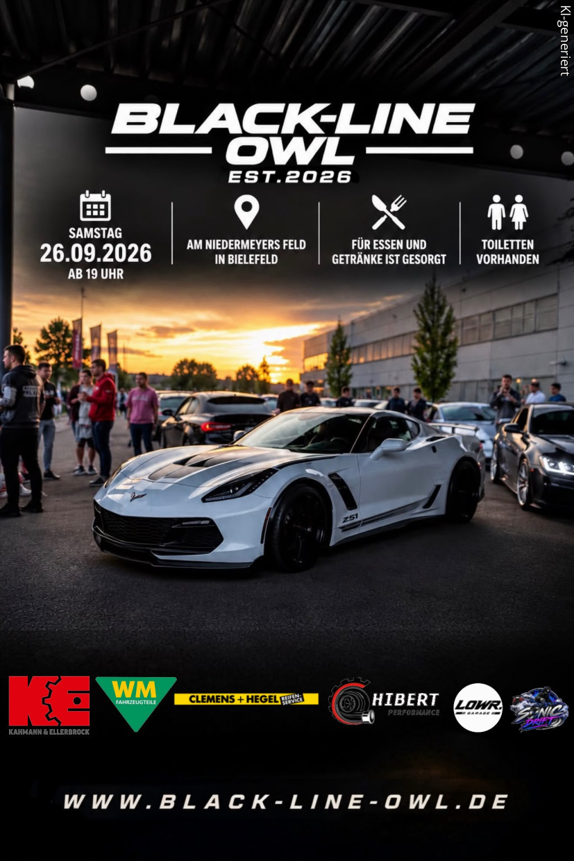 Veranstaltungsankündigung für das BLACK-LINE OWL Fahrzeugtreffen am 26. September 2026 in Bielefeld.