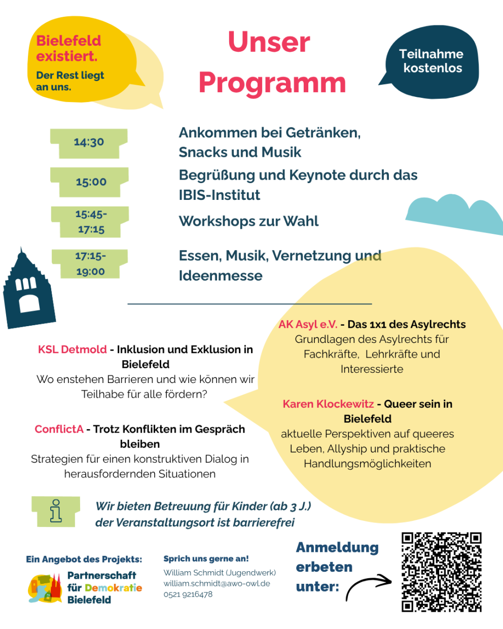 Ankommen ab 14:30 Uhr. Beginn ab 15 Uhr mit einer Keynote. Anschließend vier Workshops zur Wahl.