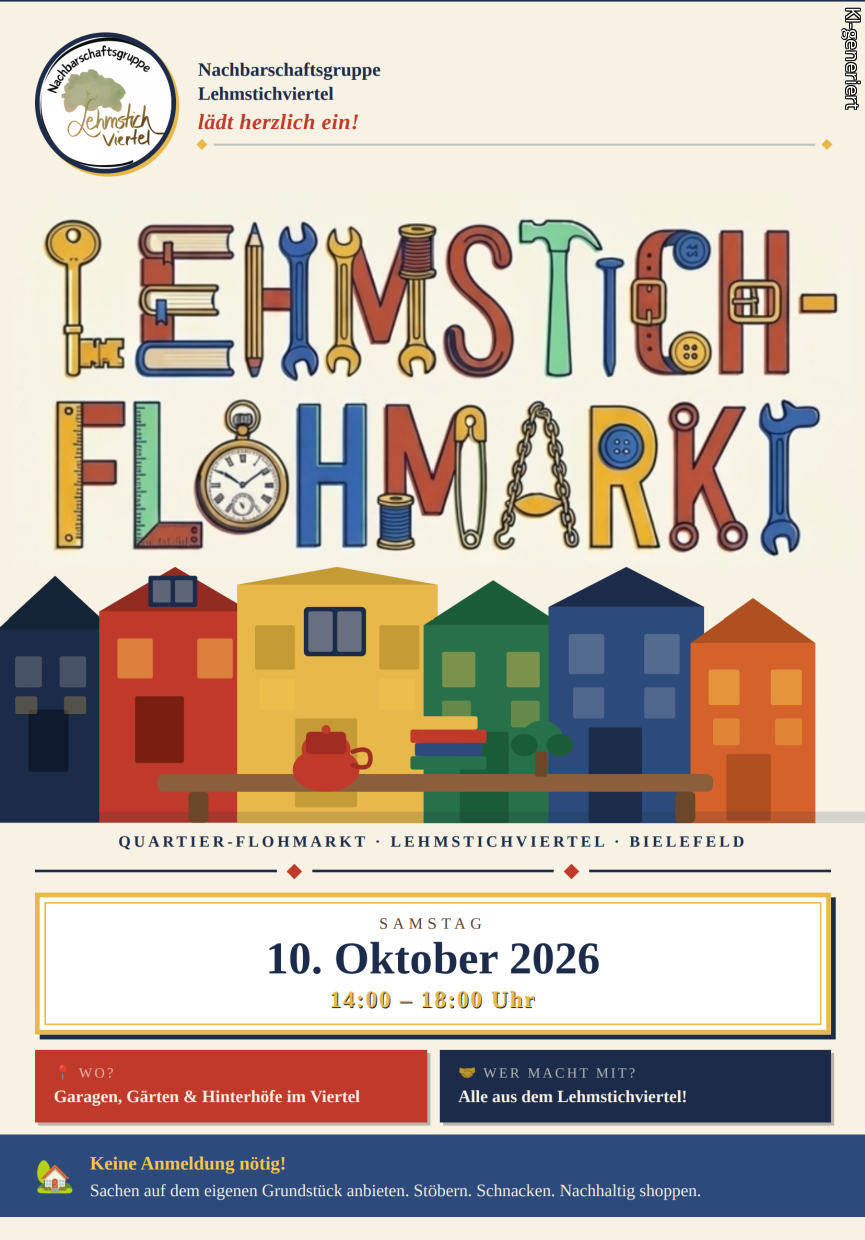 Plakat zum Lehmstich-Flohmarkt am 10. Oktober 2026, 14-18 Uhr im Lehmstichviertel Bielefeld