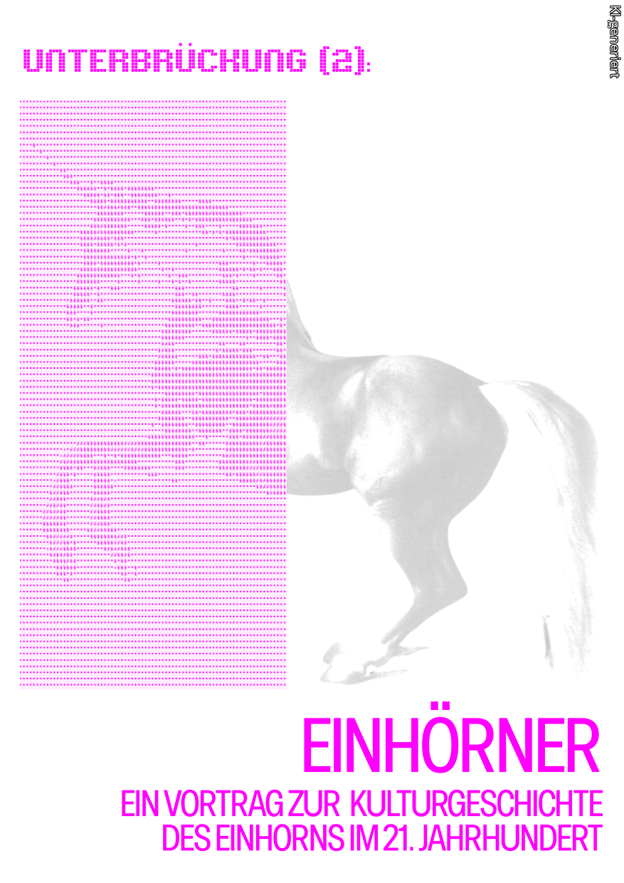Zu sehen ist ein Einhorn. Zur Hälfte in ASCII-Art und zur anderen fotorealistisch dargestellt