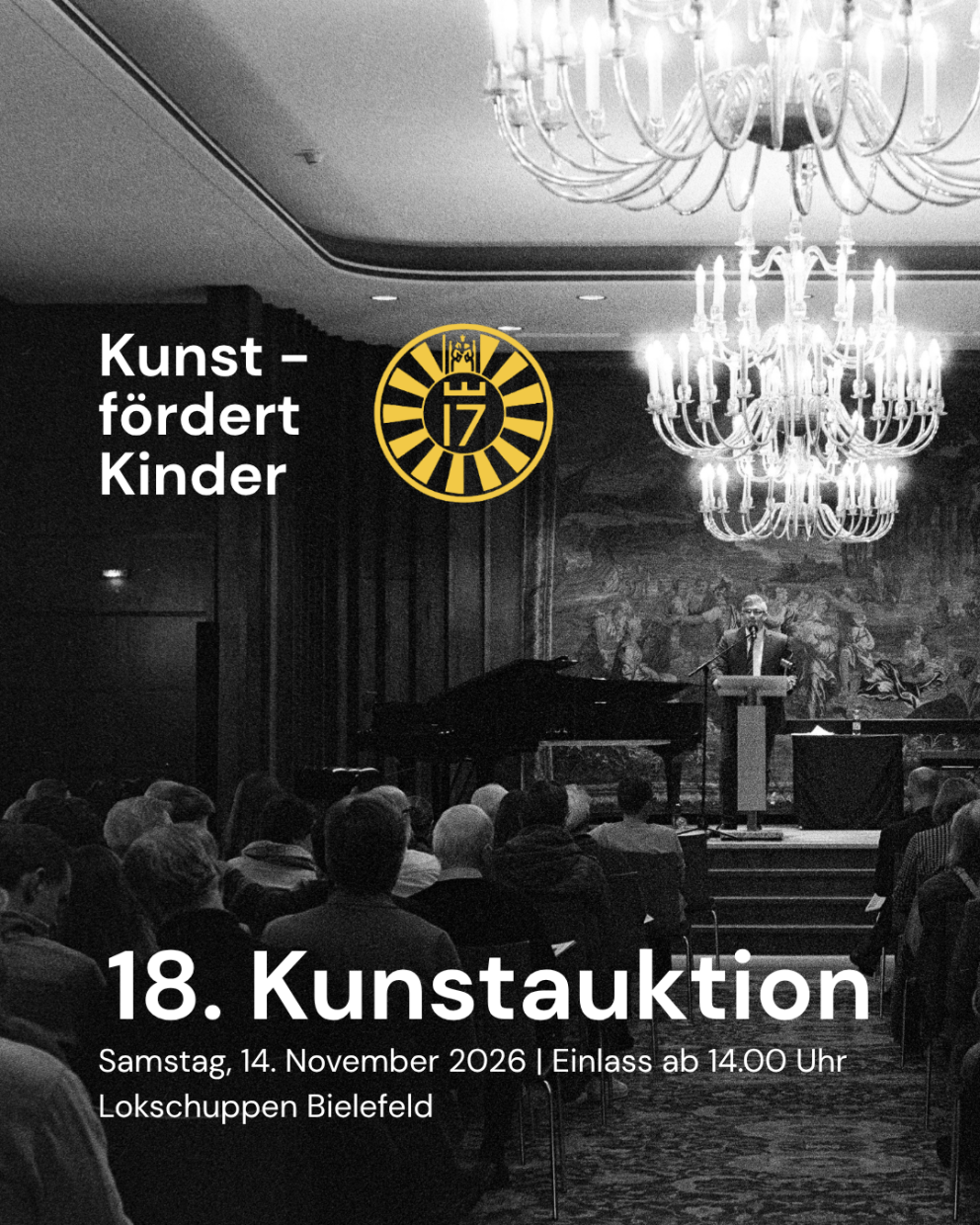 Bild zeigt ein Foto der letzten Kunstauktion mit den weiteren Informationen zur veransgaltung