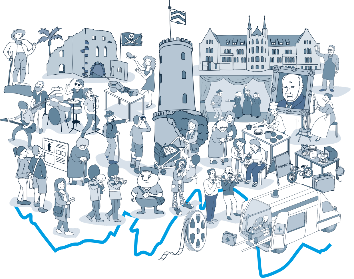 Wimmelbild mit blauem Band