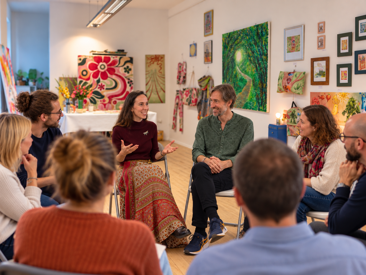 Cathleen und Jürgen Heimes sitzen mit einer Gruppe von Erwachsenen im BeFlowerPower Mitmach-Atelier