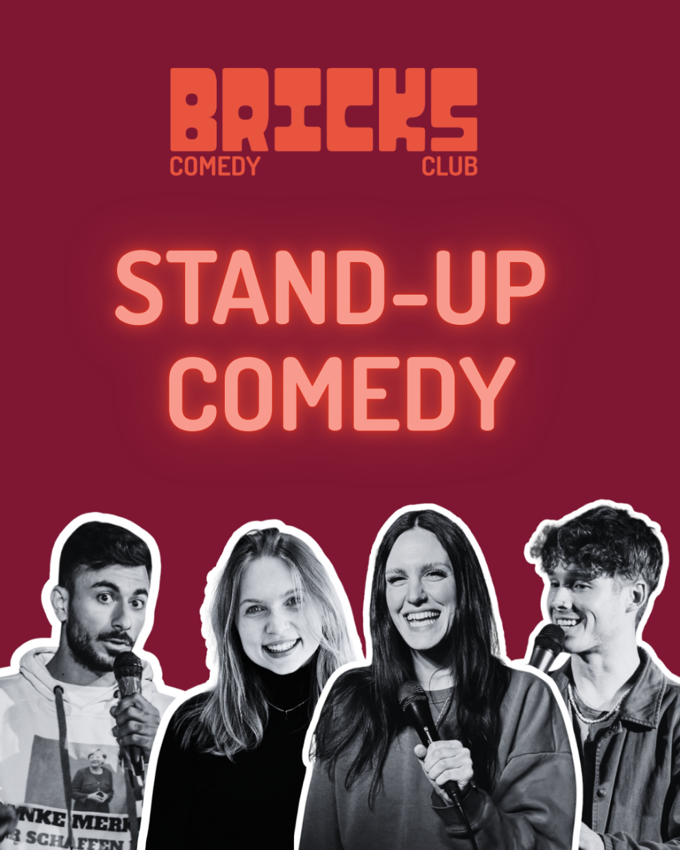 Stand-up Comedy präsentiert vom BRICKS Comedy Club. Zu sehen sind vier Comedians.
