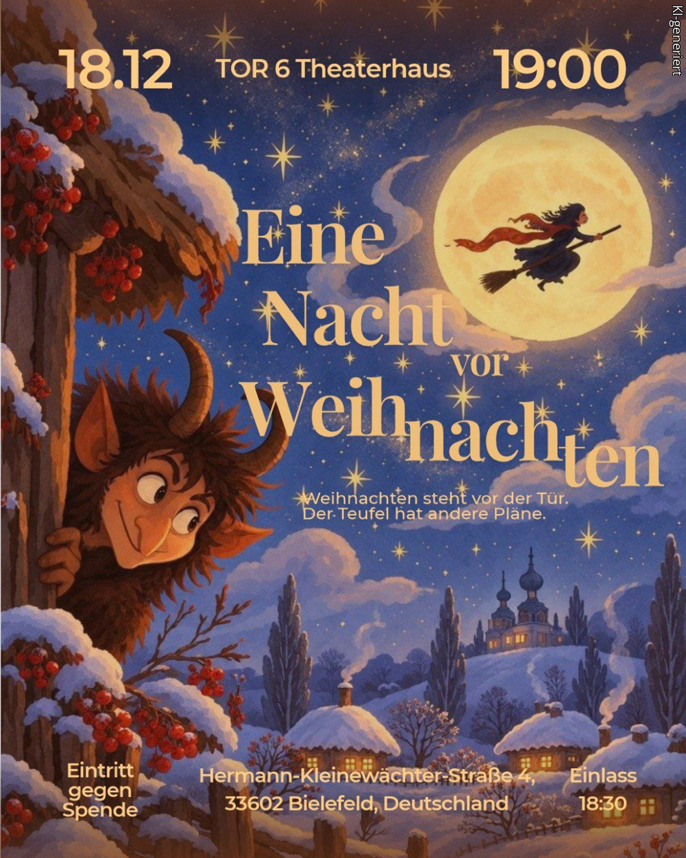 Märchenhaftes Weihnachtsplakat mit einem schelmischen Teufel, einer fliegenden Hexe vor dem Vollmond