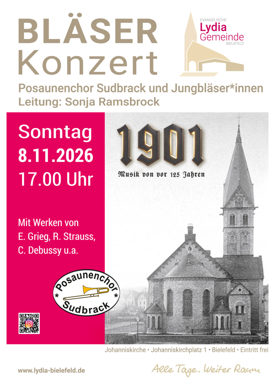 Historisches Bild der Bielefelder Johanniskirche mit Informationen zum Bläserkonzert 1901