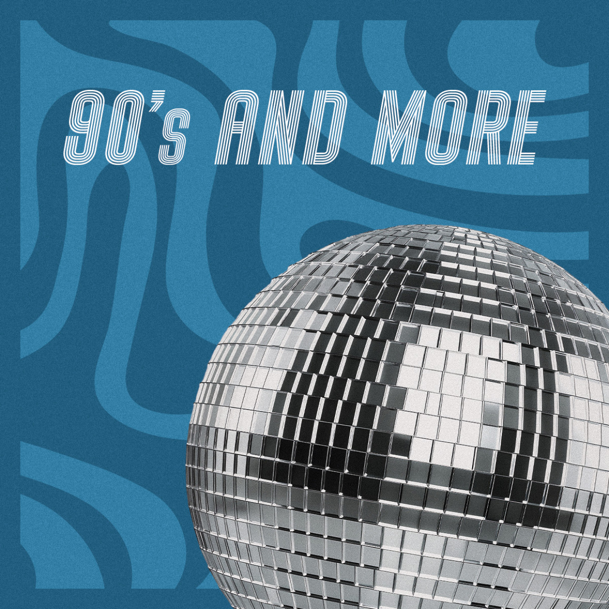 Silberne Discokugel auf blauem Hintergrund mit Text "90's AND MORE"