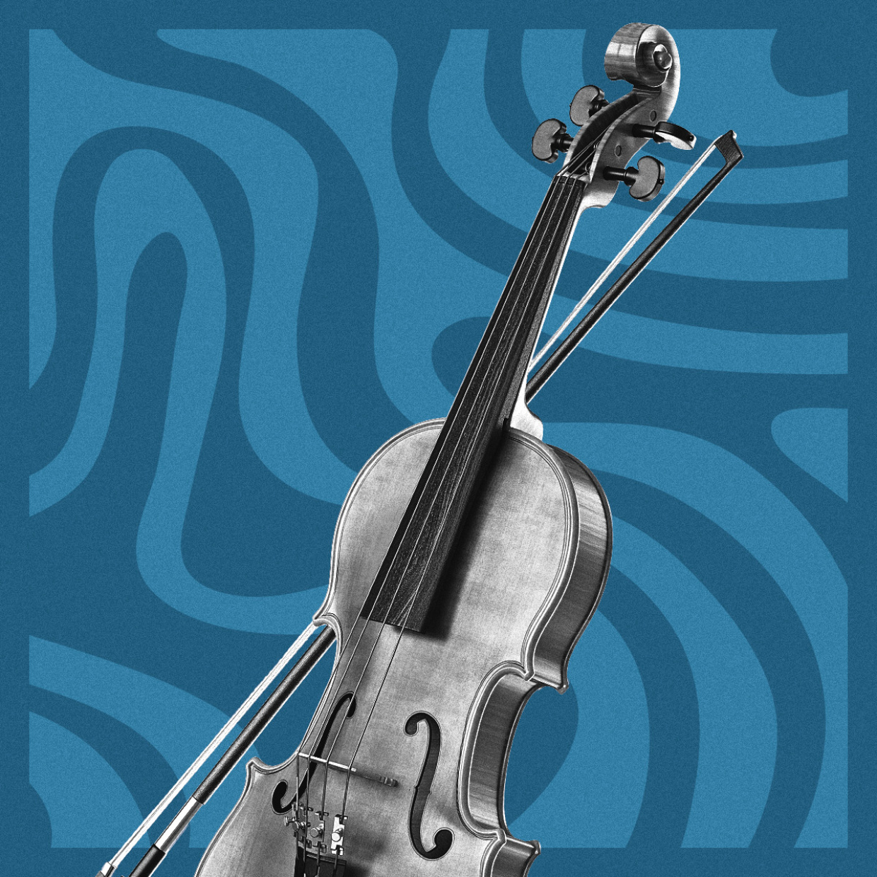 Violine mit Bogen vor blauem abstraktem Hintergrund.