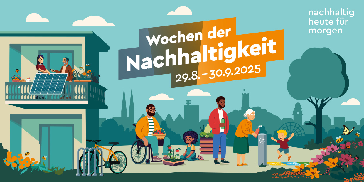 © Stadt Bielefeld | Umweltamt Grafik mit verschiedenen Menschen in, um und vor einem Gebäude, darüber der Schriftzug Wochen der Nachhaltigkeit 29.9 bis 30.9.2025