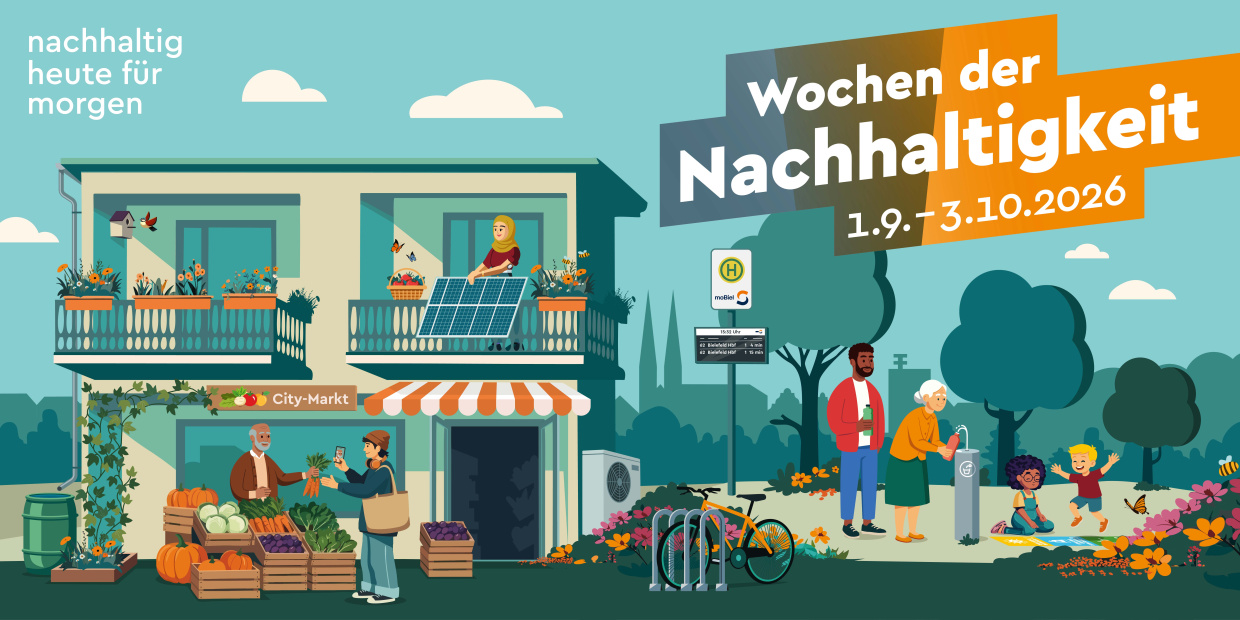 Grafik mit verschiedenen Menschen in, um und vor einem Gebäude, darüber der Schriftzug Wochen der Nachhaltigkeit 1.9 bis 3.10.2026