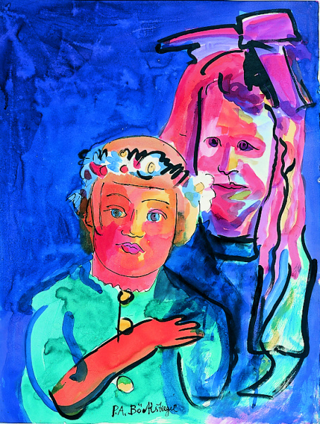Foto: Museum Peter August Böckstiegel Peter August Böckstiegel, Zwei Bauernmädchen, um 1922, Aquarell