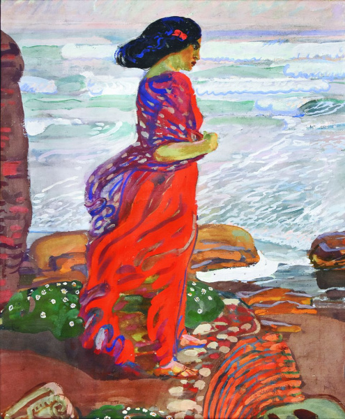Erich Kuithan, Italienerin am Meer, um 1911, Öl auf Leinwand, 62,2 × 52,2 cm