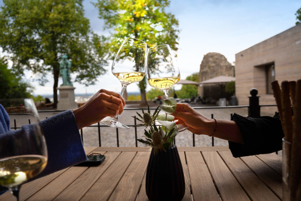 zwei Hände stoßen Gläser mit Weißwein aneinander, im Hintergrund das Stadtpanorama