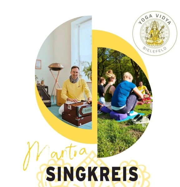 Gelber Singkreis Logo mit zwei Fotos von Sängern und Text.