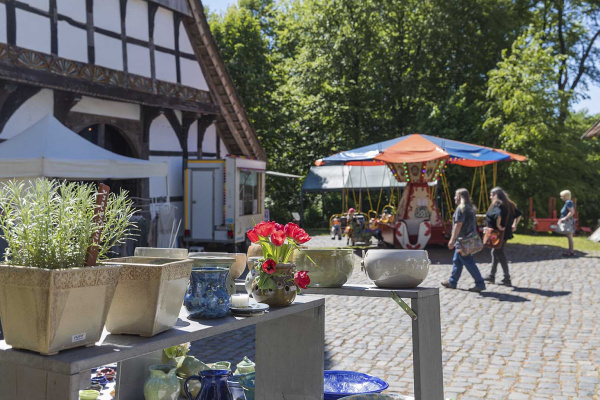 Blumen, Sonnenschirm vor dem Bauernhausmuseum