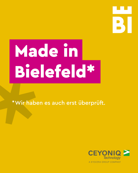 Bielefeld-Kampagnen-Spruch auf farbigem Hintergrund