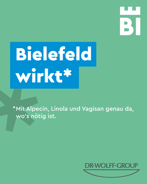 Bielefeld-Kampagnen-Spruch auf farbigem Hintergrund